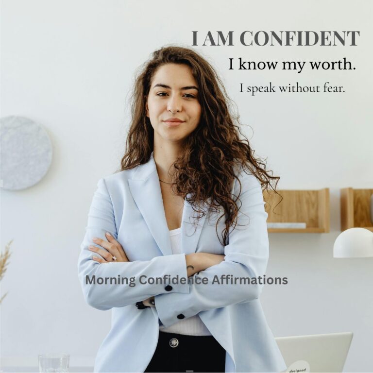 Standing confident professional woman practicing morning confidence affirmations