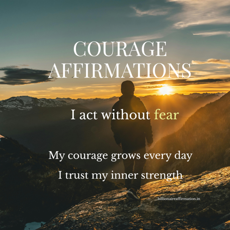 Courage affirmations person standing on mountain peak sunrise bravery mindset